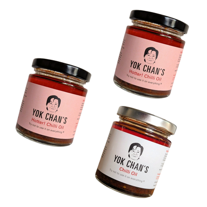 Three jars of Yok Chan's Chilli Oil on a white background