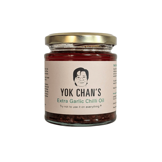 Jar of Yok Chan's Extra Garlic Chilli Oil on a white background