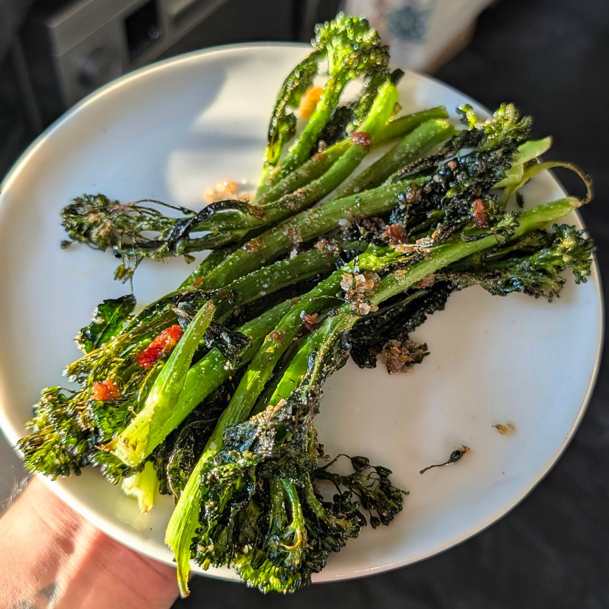 A hand holding a white plate of cooked broccolini with garlic and chili oil, set against a dark kitchen background.
